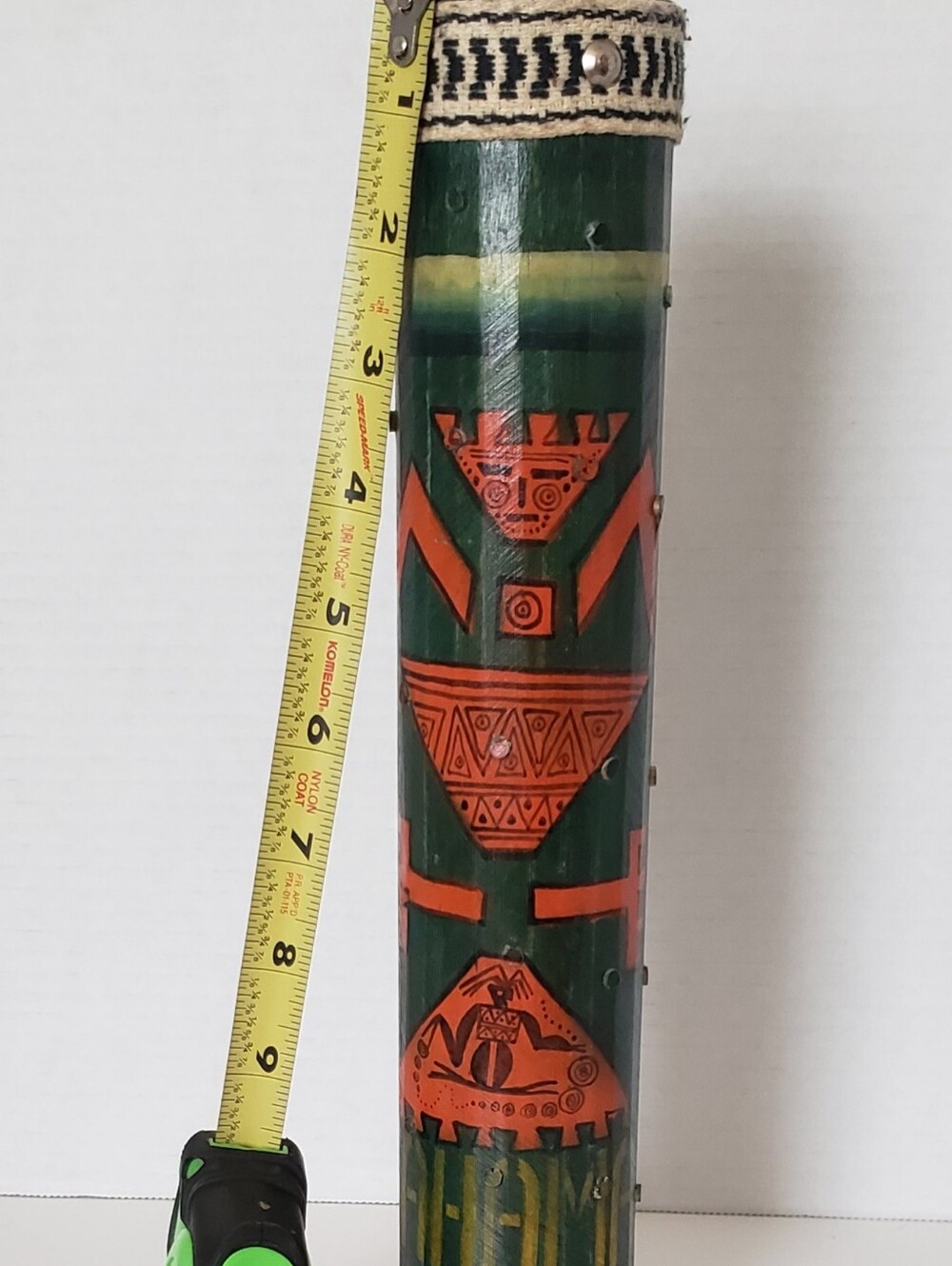 Vintage Rainstick Hand-Painted Tribal Green & Orange Wooden Decorative Tube
